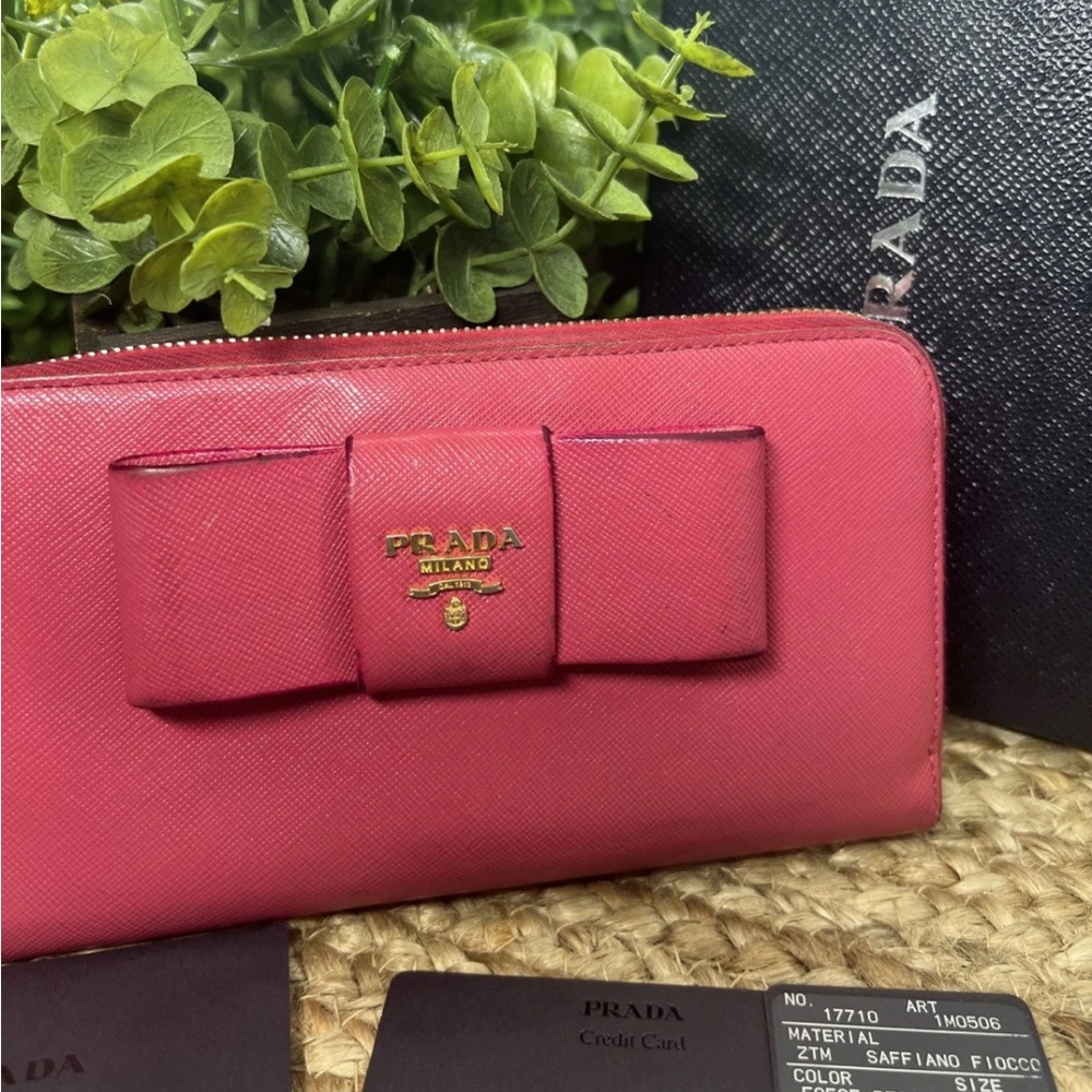 Prada Pink Saffiano Leather Wallet with Bow Detail